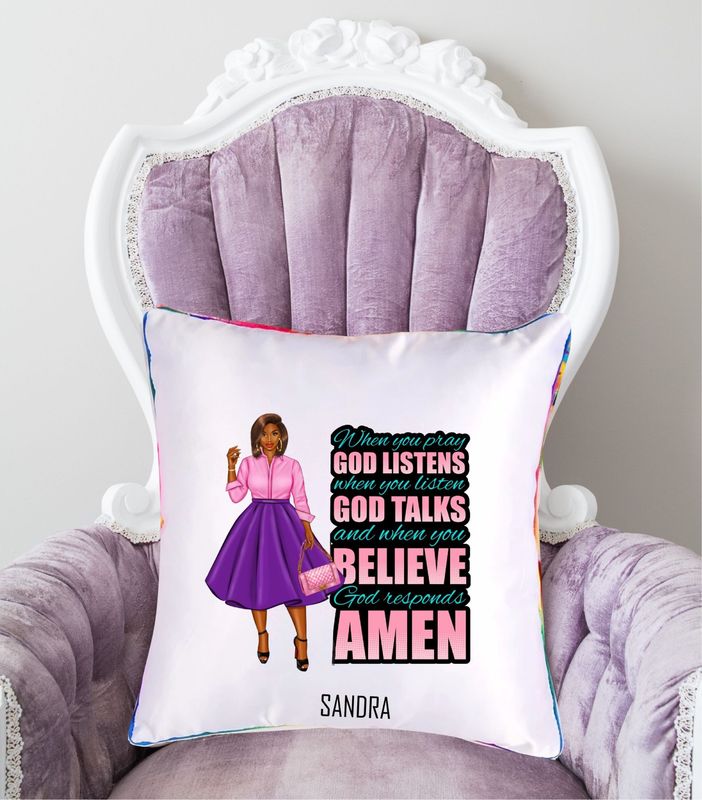 Personalized throw pillow with your name and Bible verse.