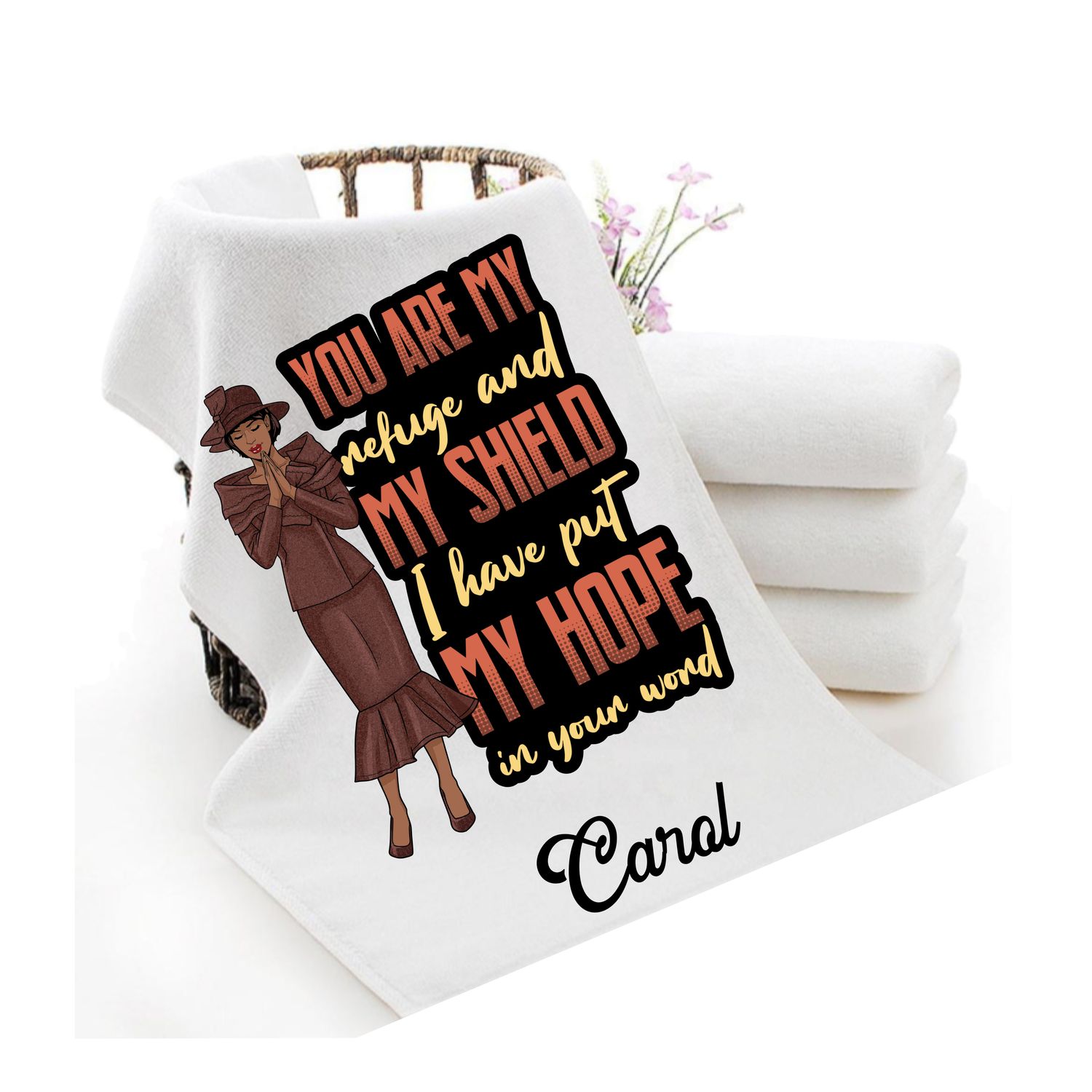 Personalized luxury towels with custom name and faith-filled scripture verse