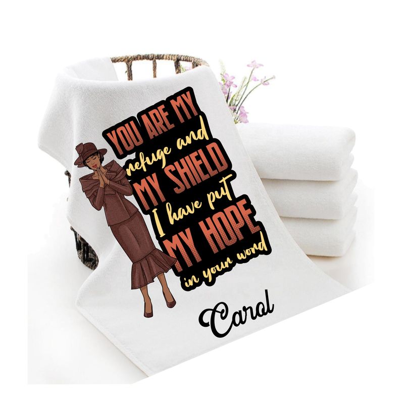 Personalized luxury towels with custom name and faith-filled scripture verse