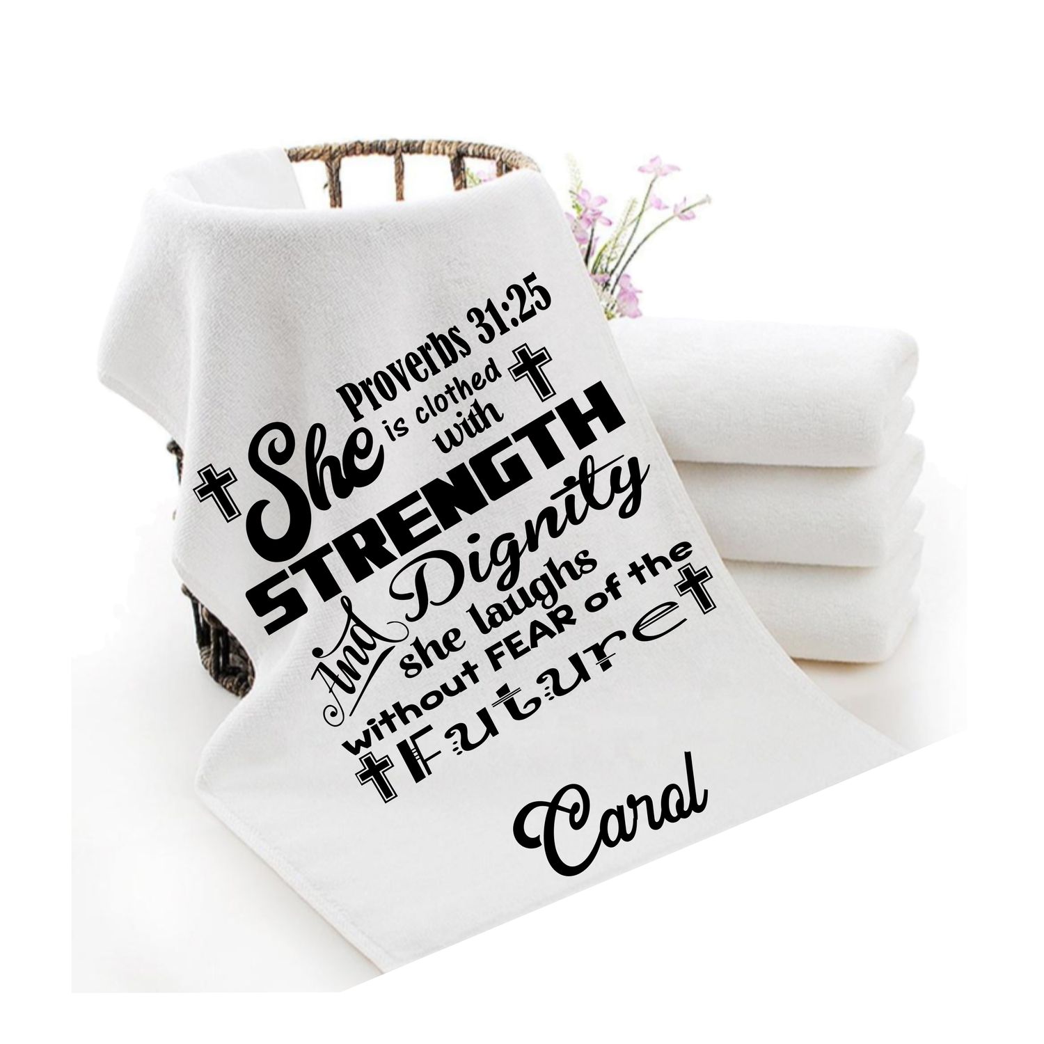 Personalized luxury towels with custom name and faith-filled scripture verse