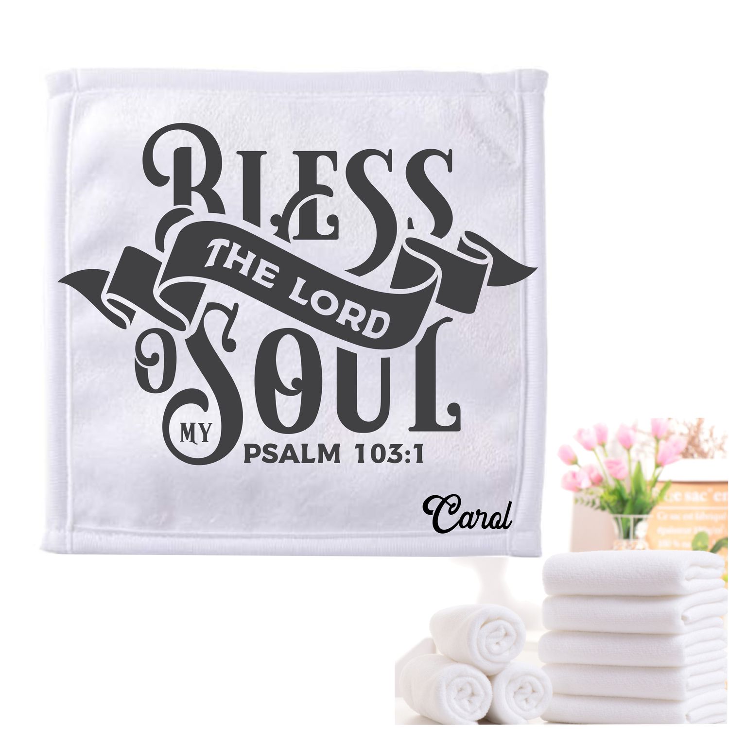 Personalized luxury towels with custom name and faith-filled scripture verse