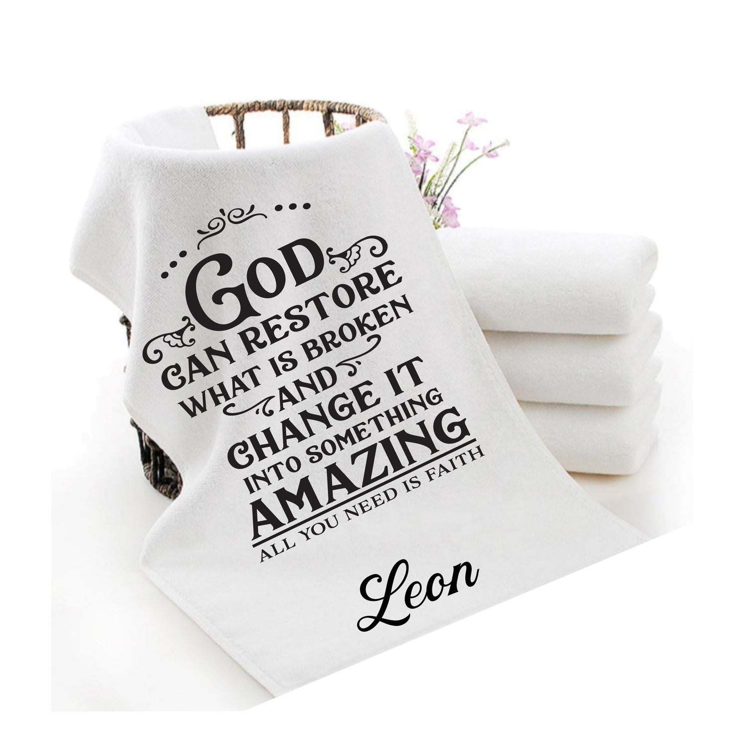 Personalized luxury towels with custom name and faith-filled scripture verse