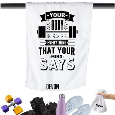 Gym Towels with Inspirational Quotes & Your Name | Custom Fitness Towels Add a personal touch to your workout gear-a motivational quote to keep the energy high during every session.