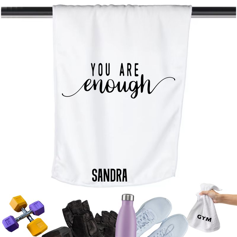 Gym Towels with Inspirational Quotes & Your Name | Custom Fitness Towels Add a personal touch to your workout gear-a motivational quote to keep the energy high during every session.