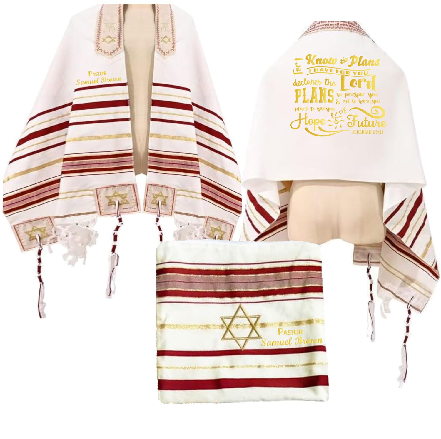 Personalized Christian prayer shawl with custom name, scripture verse, and matching pouch – crafted for worship and comfort