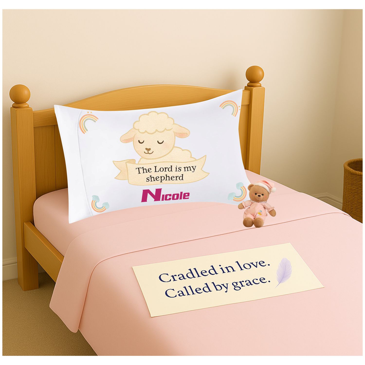 Soft Christian pillowcase for kids featuring uplifting quotes and gentle design