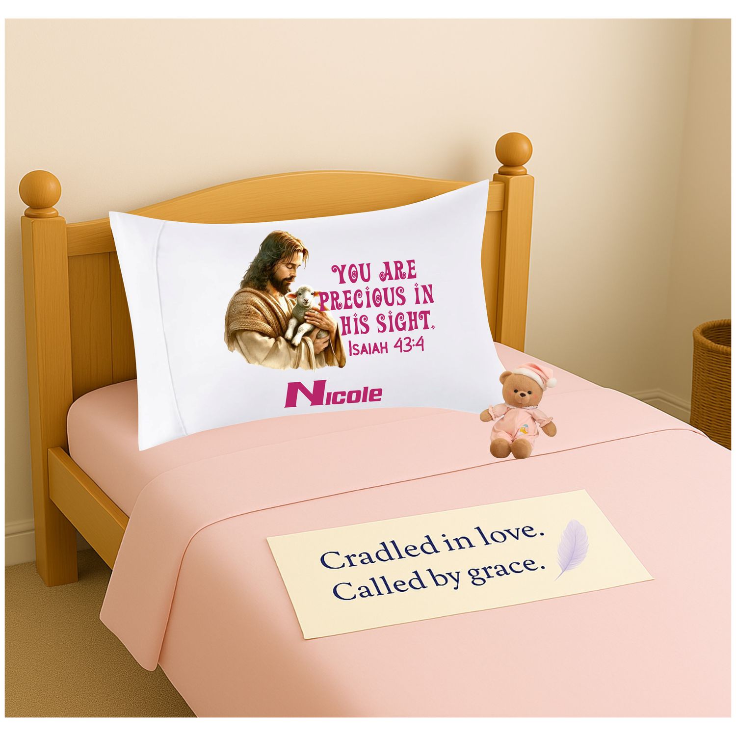 Soft Christian pillowcase for kids featuring uplifting quotes and gentle design