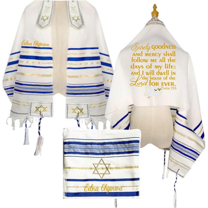 Personalized Christian prayer shawl with custom name, scripture verse, and matching pouch – crafted for worship and comfort