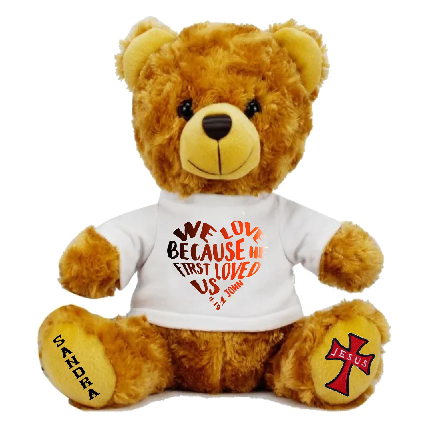 Plush teddy bear wearing a shirt printed with personalized Bible verse and recipient’s name, Christian faith-inspired gift.