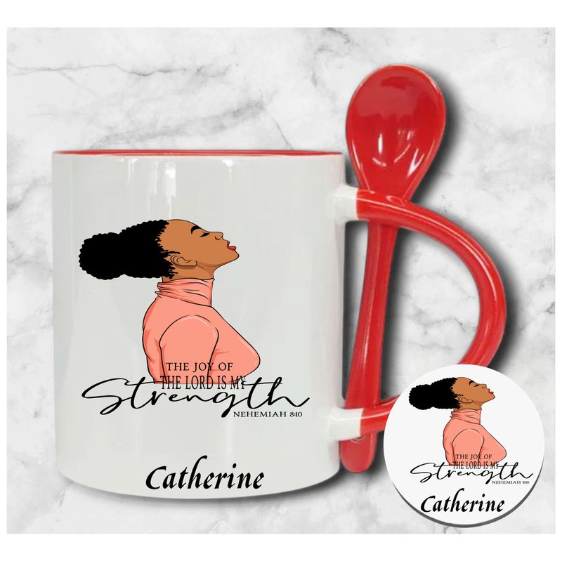 Personalized Faith-Inspired Mug & Coaster Sets | Ceramic Coffee Mug for Tea, Milk, Latte, & Hot Cocoa Personalized mug and coaster set featuring recipient’s name, Bible verse, and inspirational phrase in elegant design.