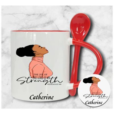 Personalized Faith-Inspired Mug & Coaster Sets | Ceramic Coffee Mug for Tea, Milk, Latte, & Hot Cocoa Personalized mug and coaster set featuring recipient’s name, Bible verse, and inspirational phrase in elegant design.