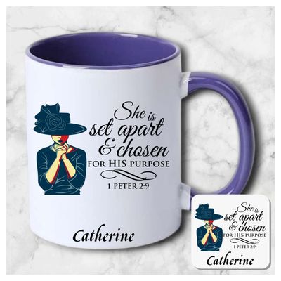 Personalized mug and coaster set featuring recipient’s name, Bible verse, and inspirational phrase in elegant design.