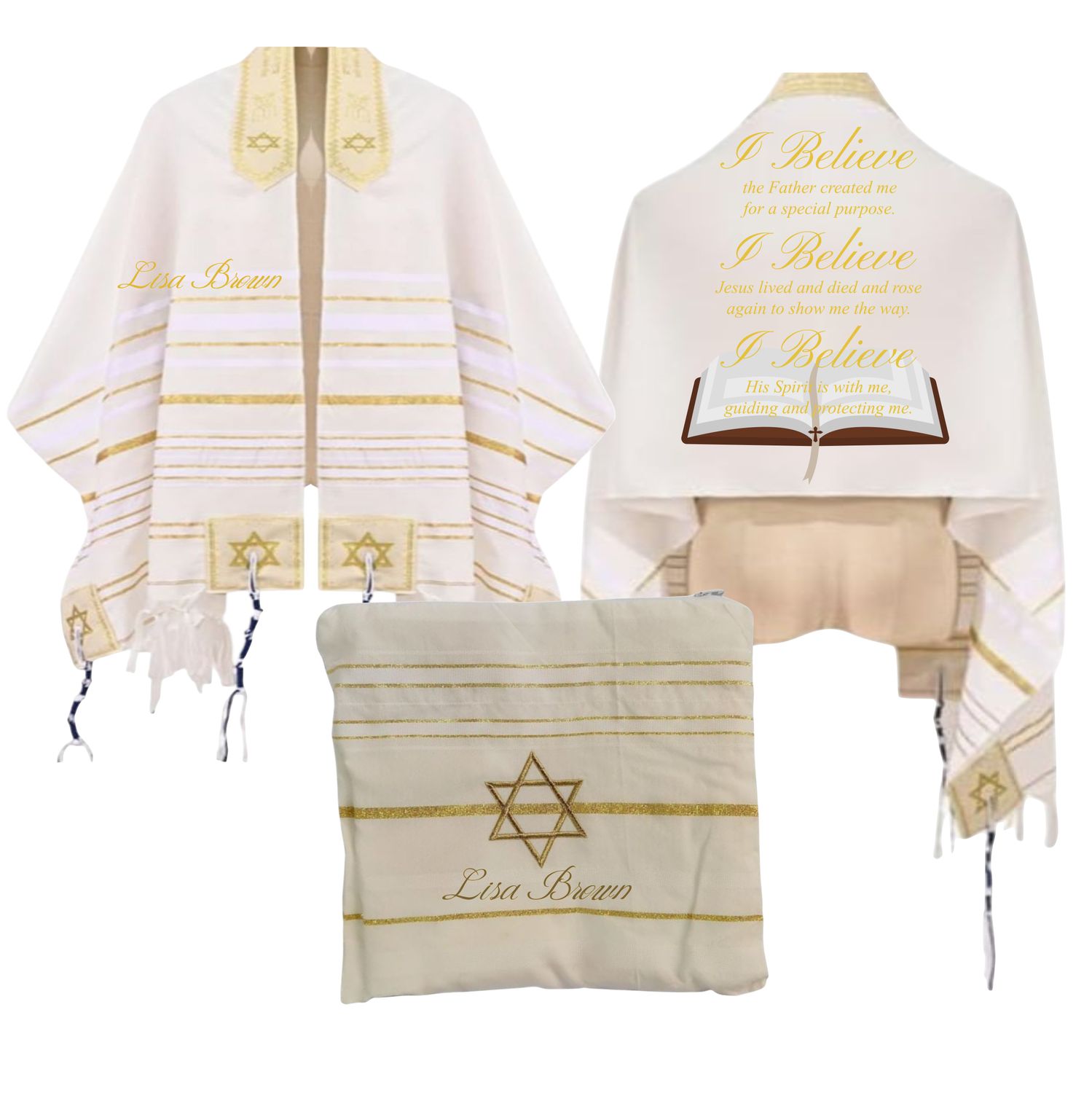 Personalized Christian prayer shawl with custom name, scripture verse, and matching pouch – crafted for worship and comfort