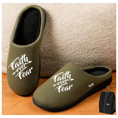 Faith-Inspired Monogram Men's Slippers with Shoe Pouch | Comfy-Fit House Slippers Faith-filled cozy slippers customized with your name and uplifting message