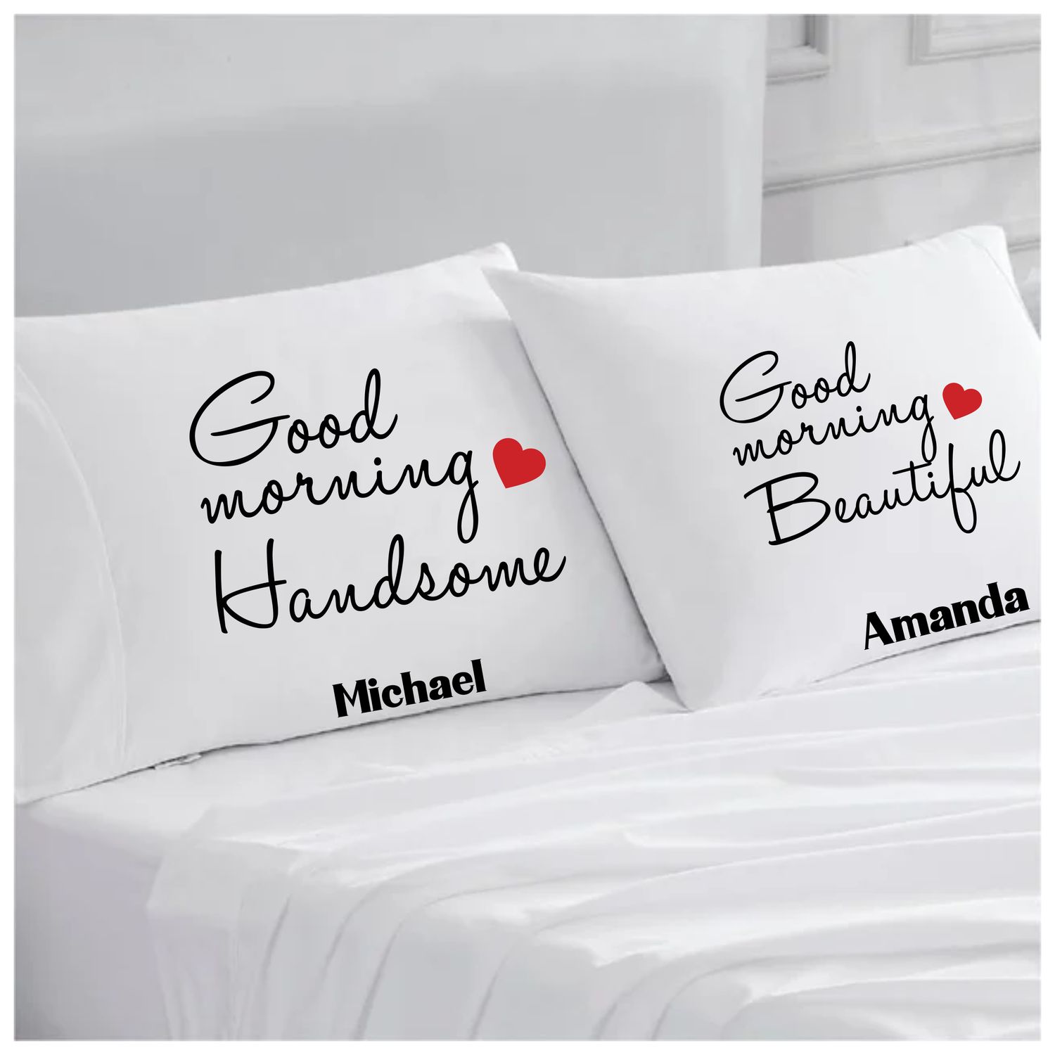 Personalized couples pillowcases with two names printed in a warm, romantic design on soft white fabric.