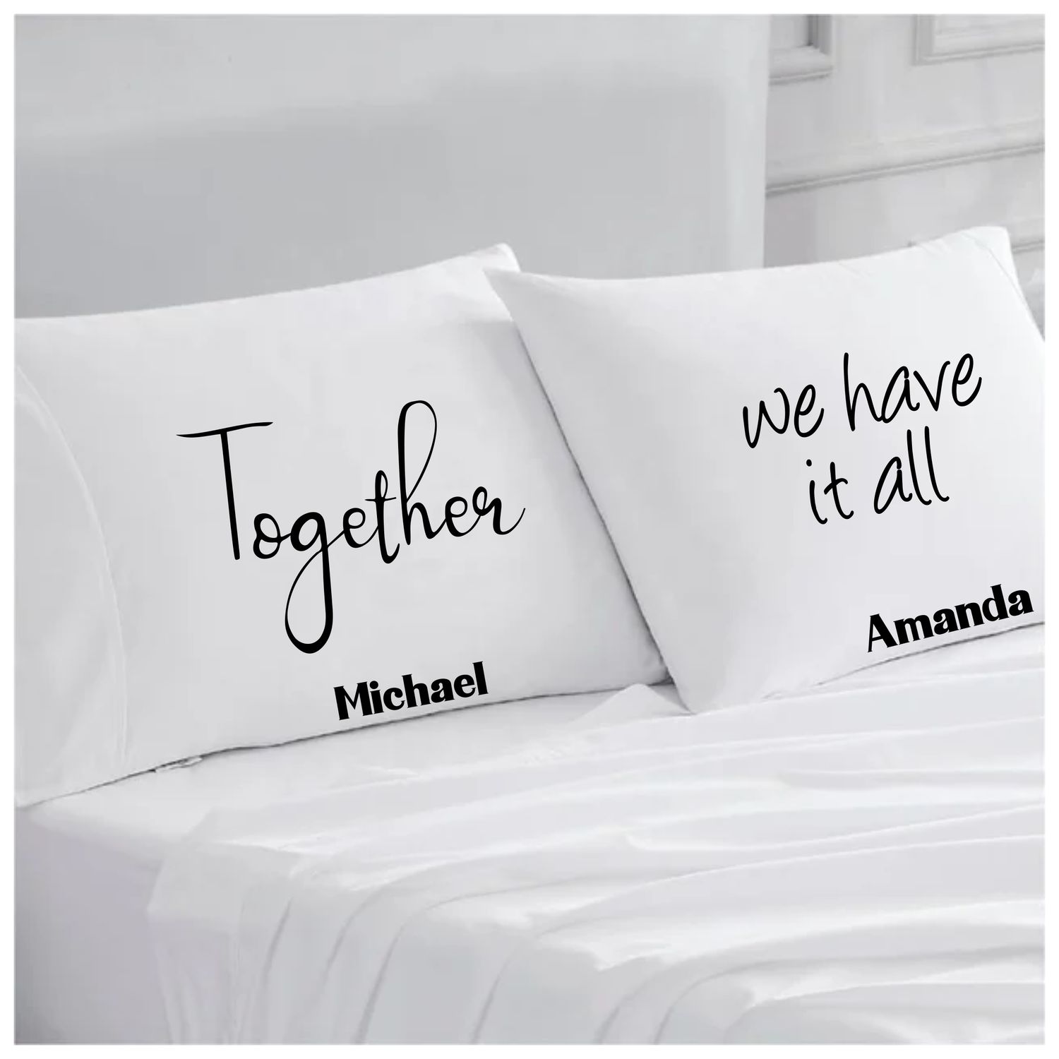 Personalized couples pillowcases with two names printed in a warm, romantic design on soft white fabric.