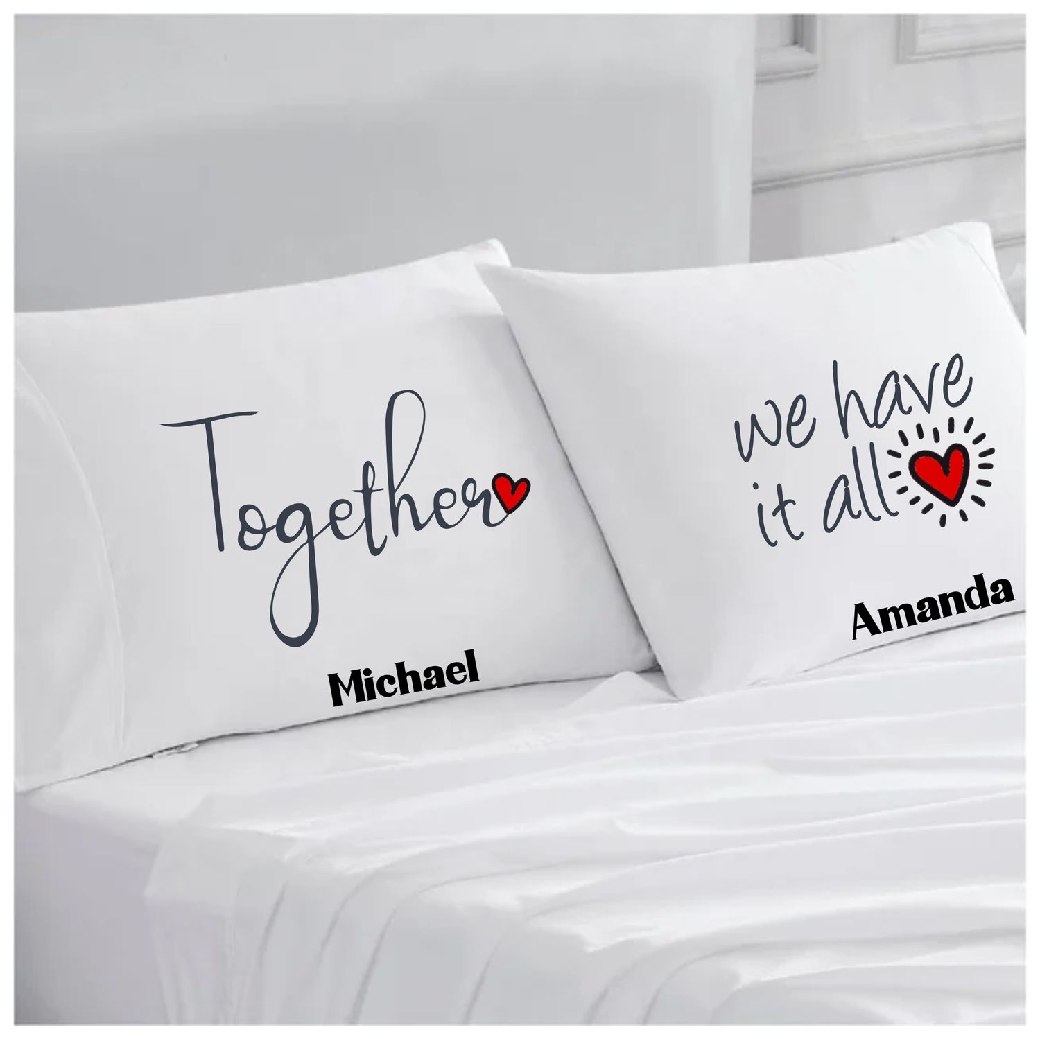 Personalized couples pillowcases with two names printed in a warm, romantic design on soft white fabric.