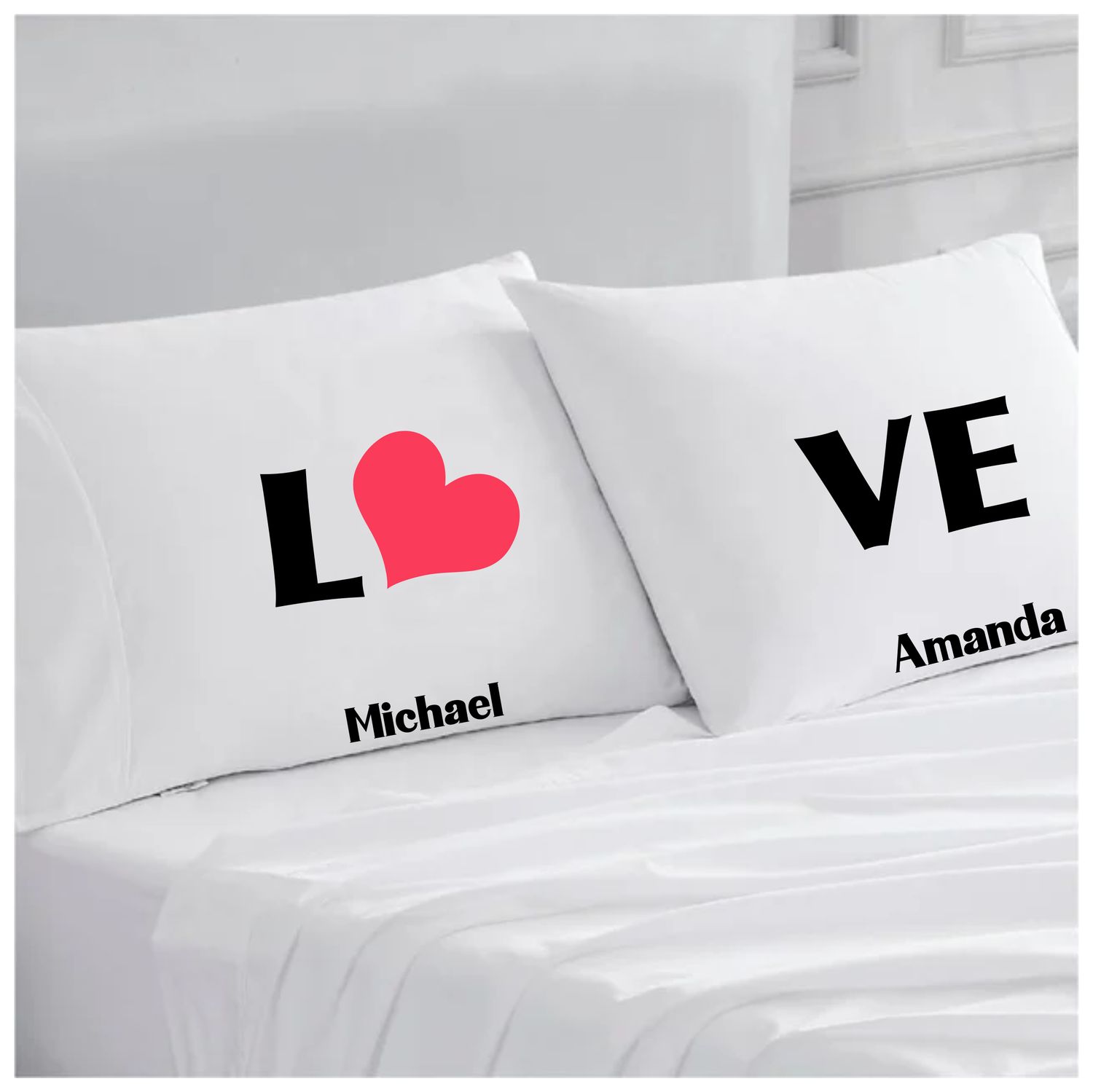 Personalized couples pillowcases with two names printed in a warm, romantic design on soft white fabric.