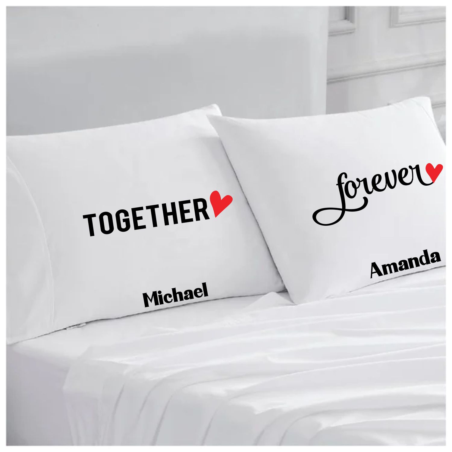 Personalized couples pillowcases with two names printed in a warm, romantic design on soft white fabric.