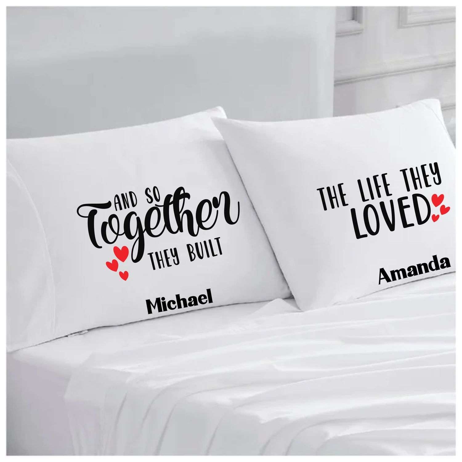Personalized couples pillowcases with two names printed in a warm, romantic design on soft white fabric.