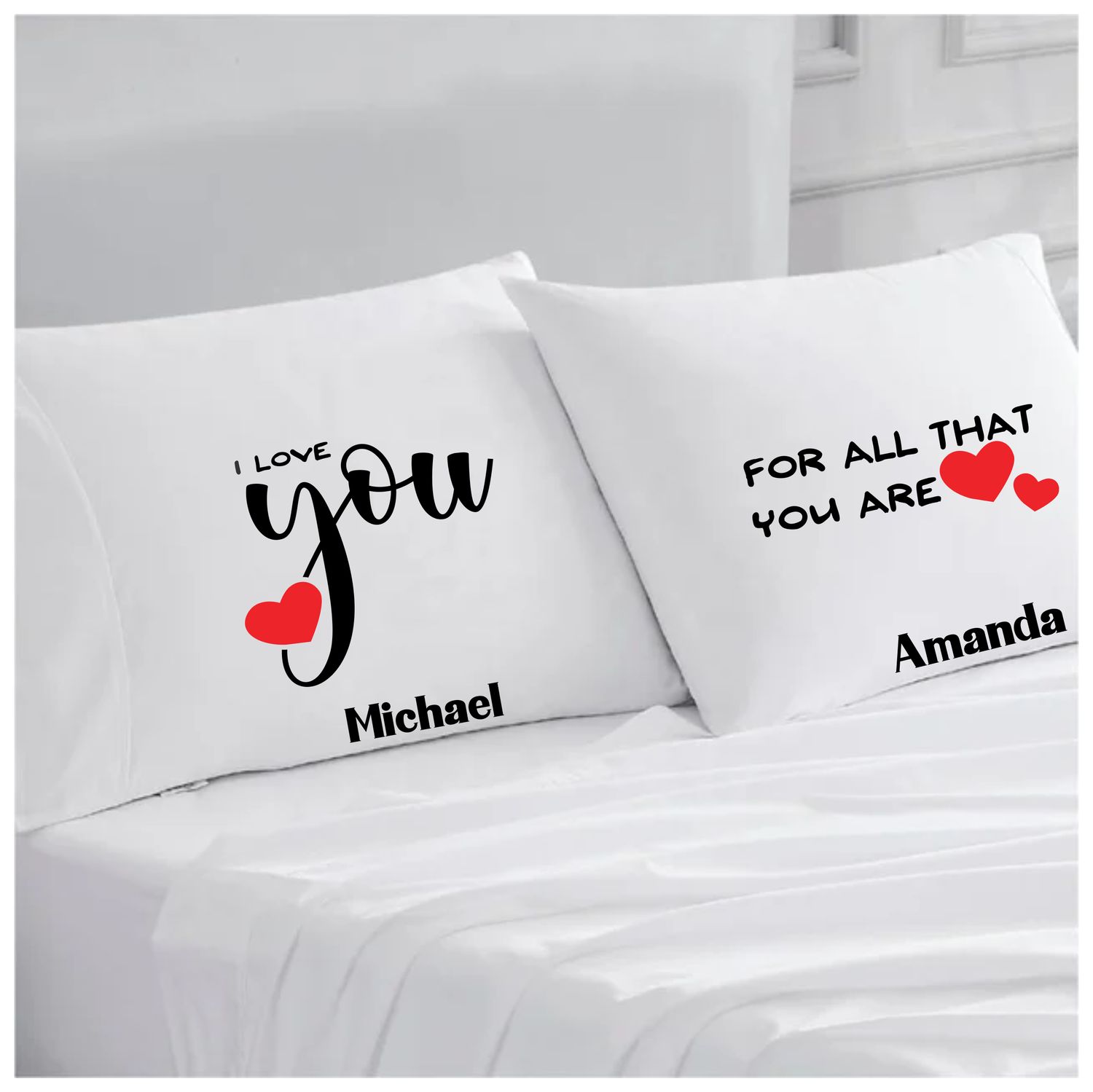 Personalized couples pillowcases with two names printed in a warm, romantic design on soft white fabric.