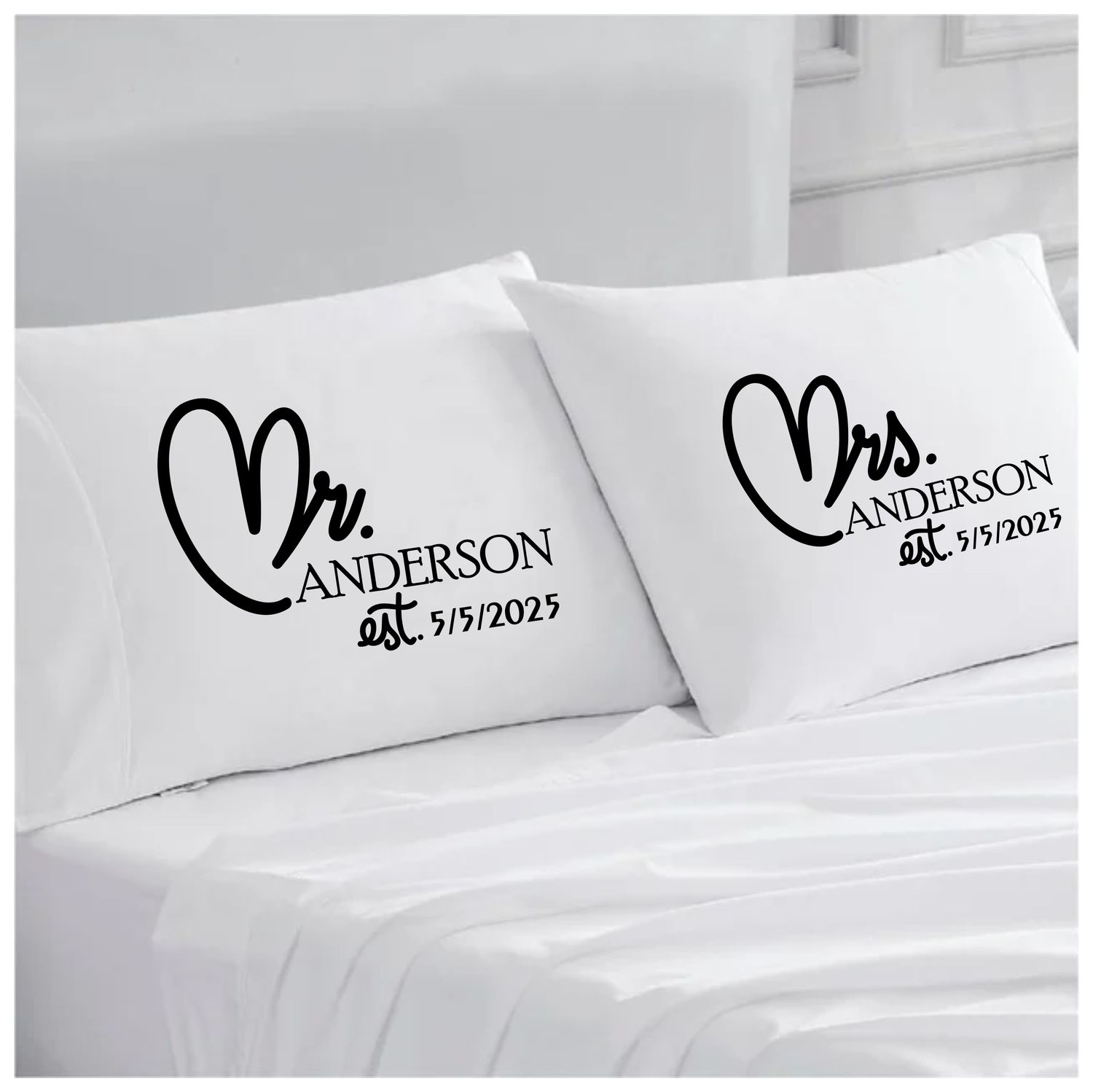 Personalized couples pillowcases with two names printed in a warm, romantic design on soft white fabric.