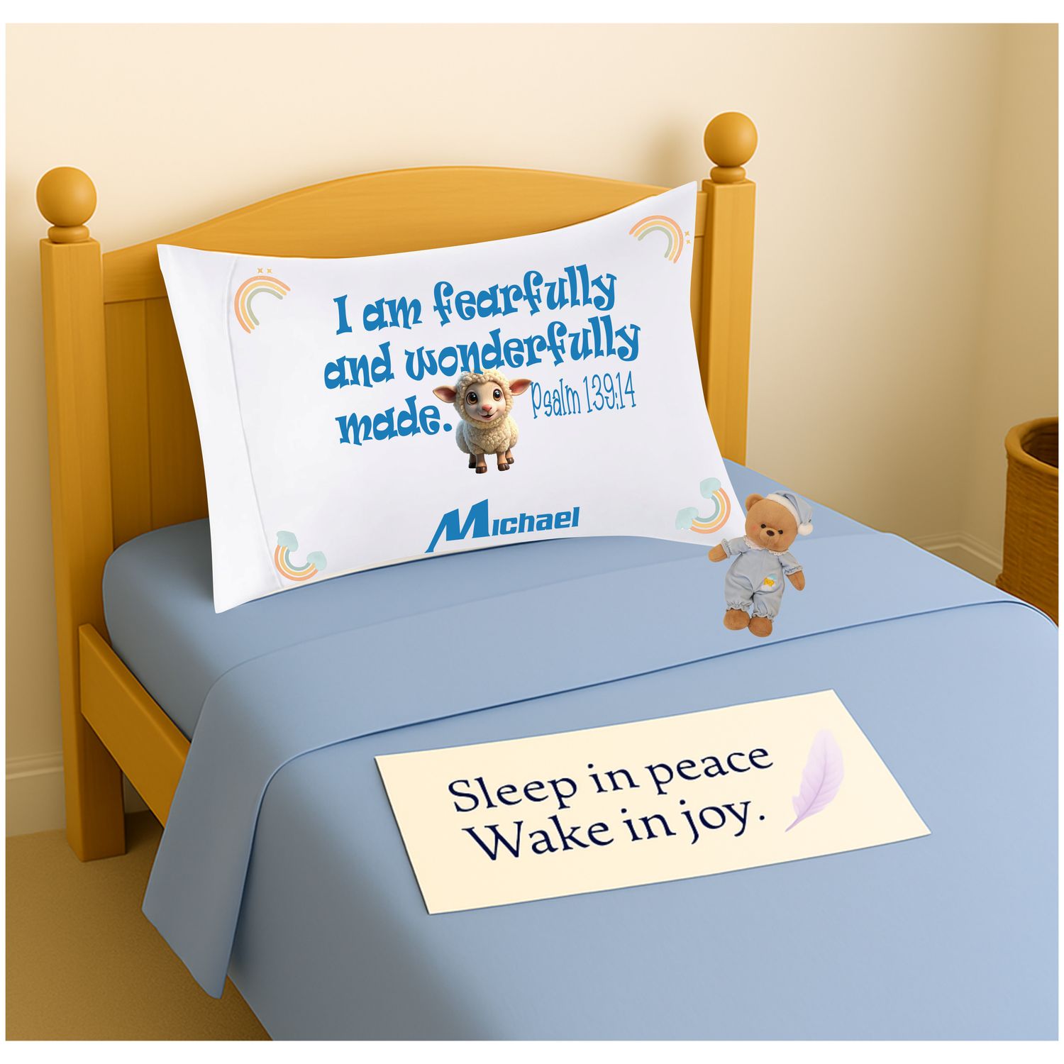 Soft Christian pillowcase for kids featuring uplifting quotes and gentle design