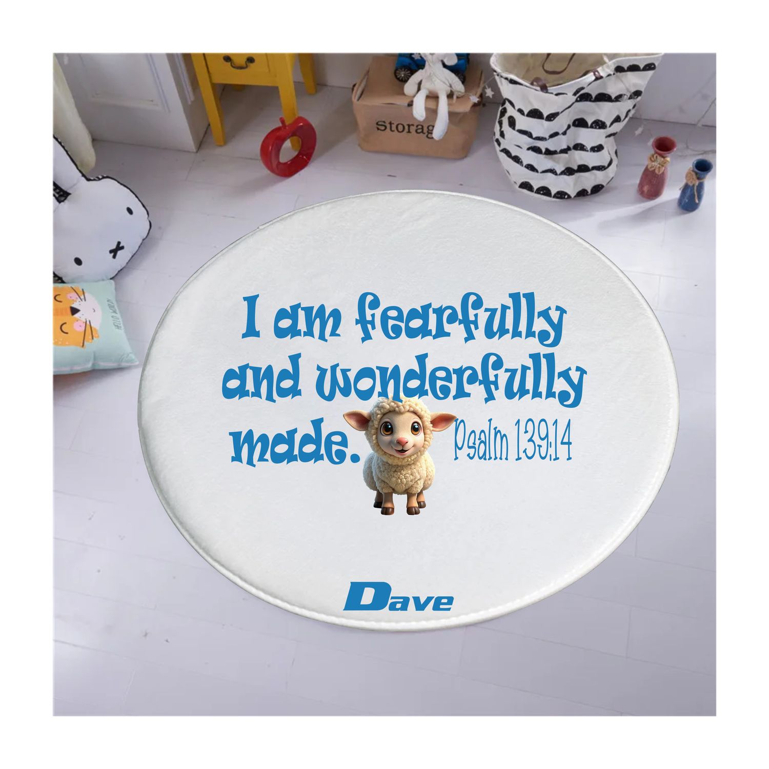 Plush children’s prayer mat with cheerful design, custom name, and inspirational verses—part of the Seeds of Faith collection