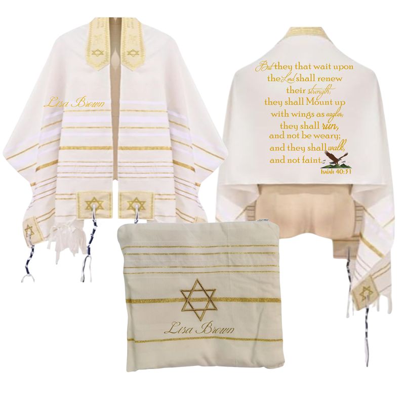Personalized Christian prayer shawl with custom name, scripture verse, and matching pouch – crafted for worship and comfort