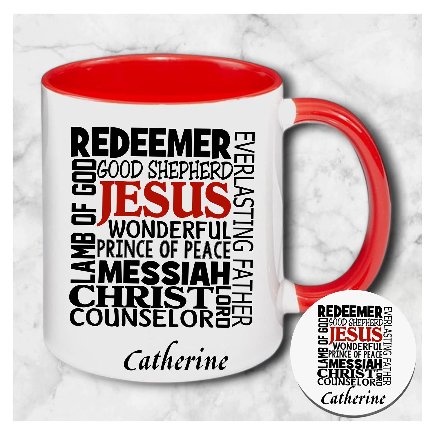 Personalized mug and coaster set featuring recipient’s name, Bible verse, and inspirational phrase in elegant design.