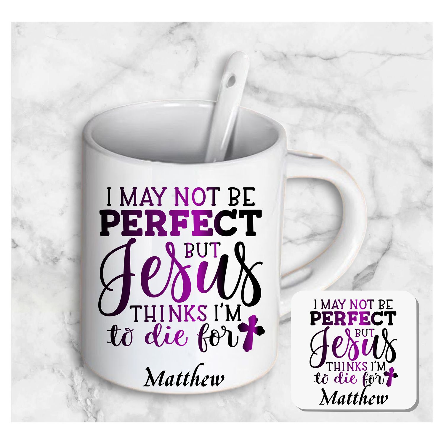Personalized mug and coaster set featuring recipient’s name, Bible verse, and inspirational phrase in elegant design.