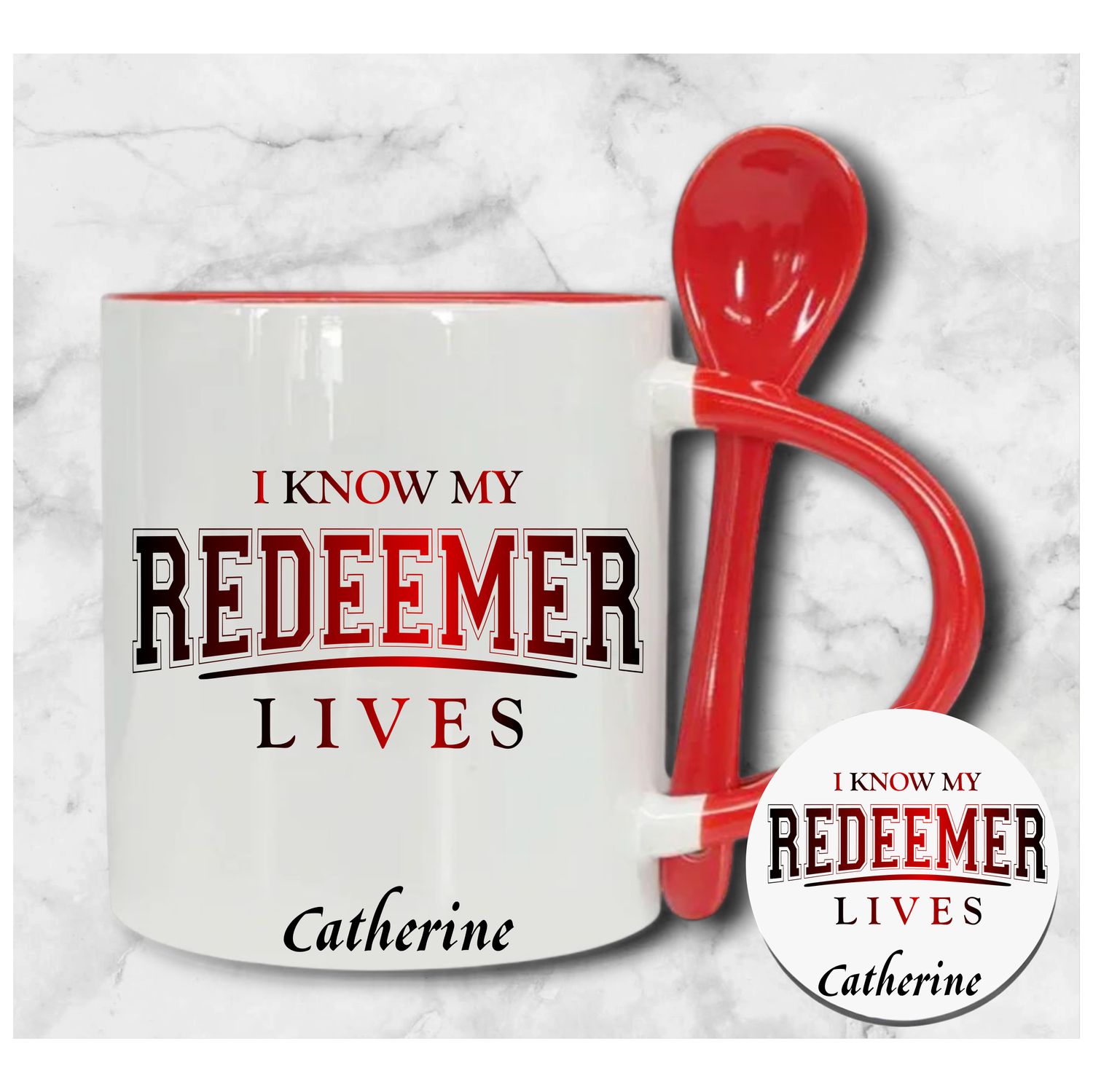 Personalized mug and coaster set featuring recipient’s name, Bible verse, and inspirational phrase in elegant design.