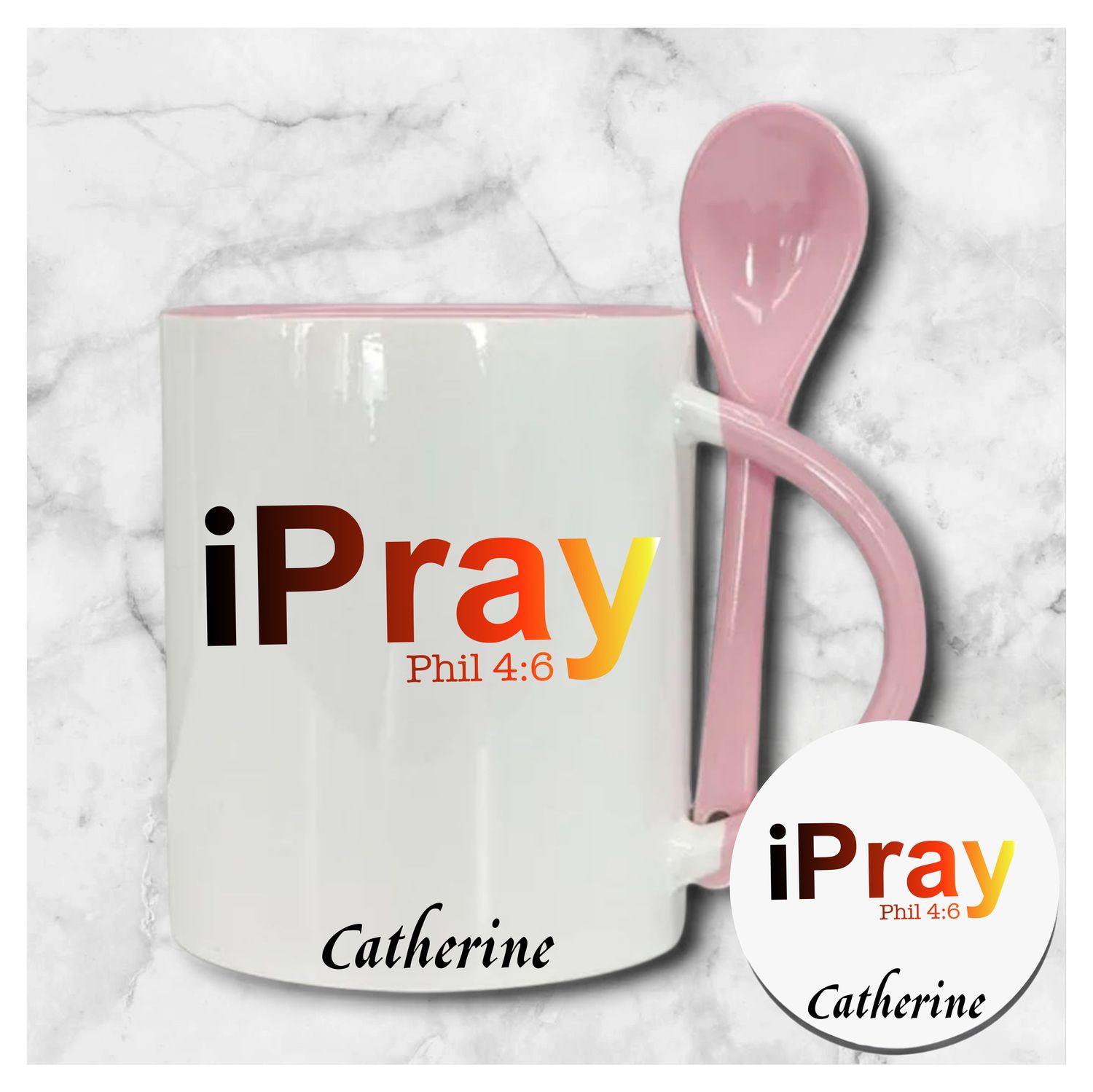 Personalized mug and coaster set featuring recipient’s name, Bible verse, and inspirational phrase in elegant design.