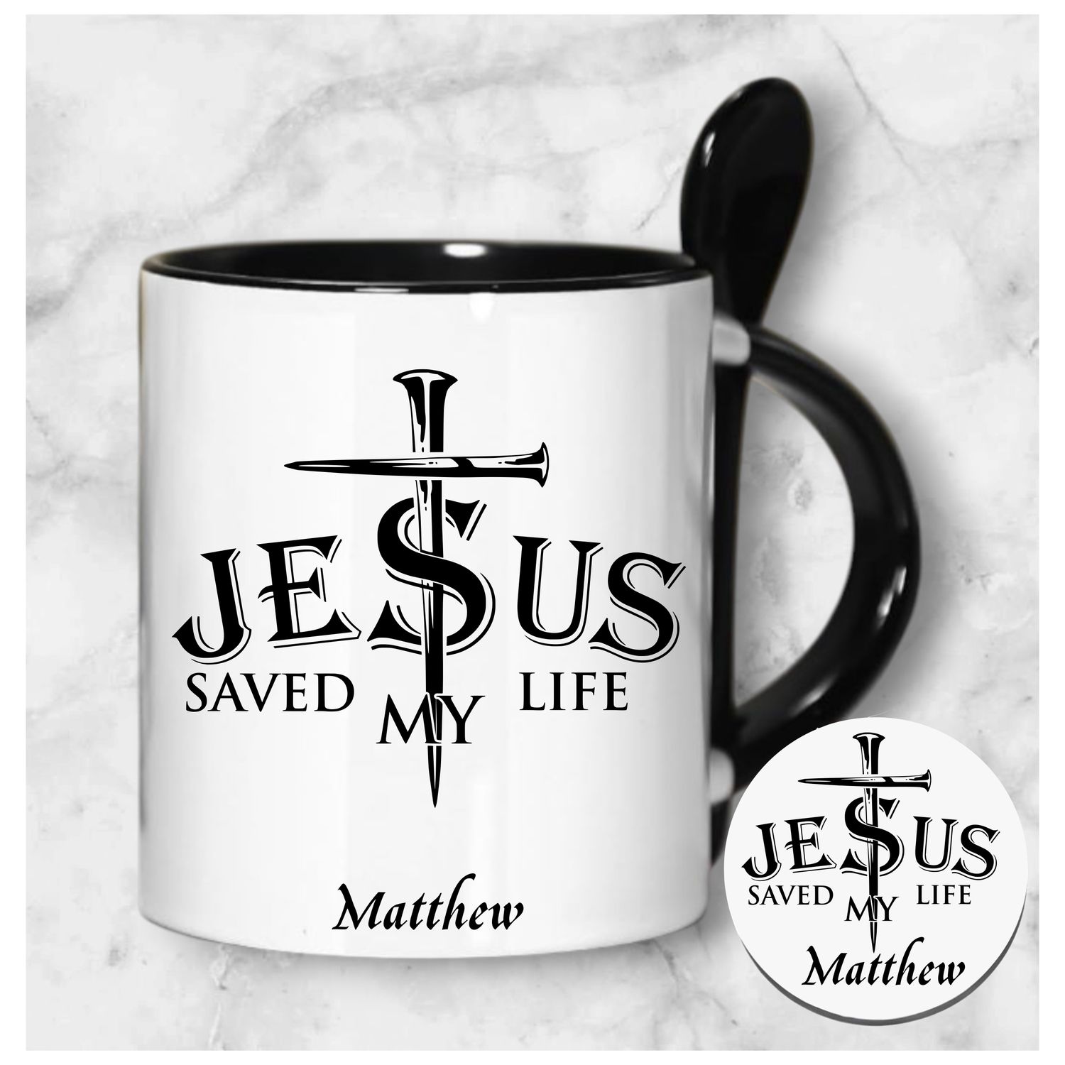Personalized mug and coaster set featuring recipient’s name, Bible verse, and inspirational phrase in elegant design.