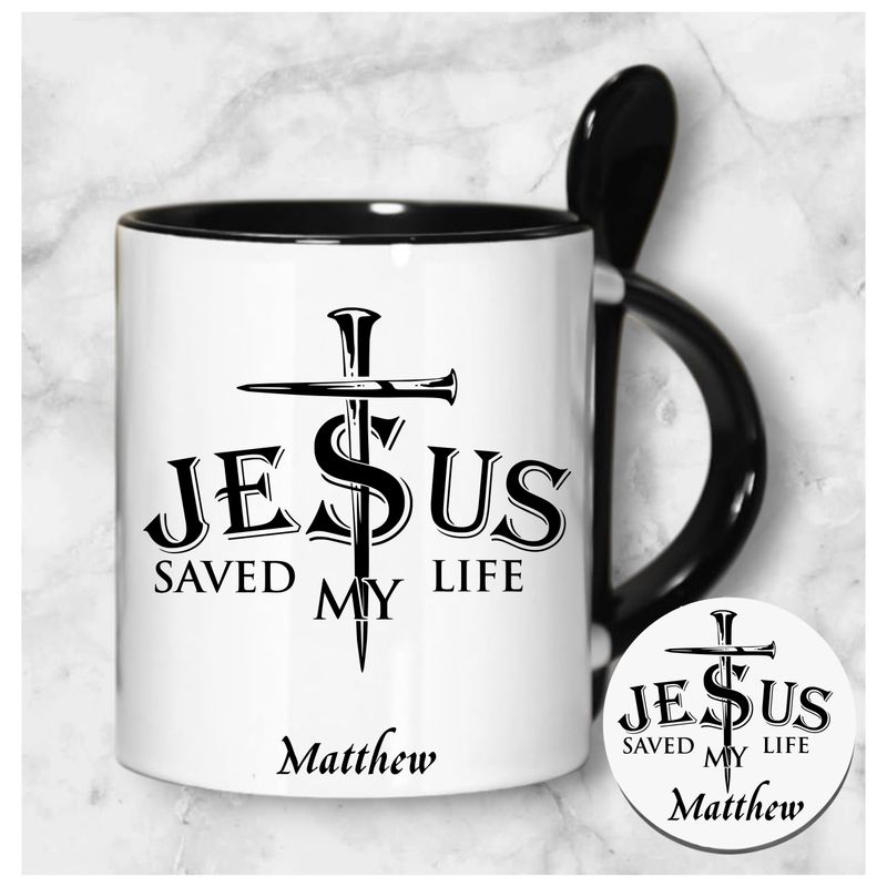 Personalized mug and coaster set featuring recipient’s name, Bible verse, and inspirational phrase in elegant design.