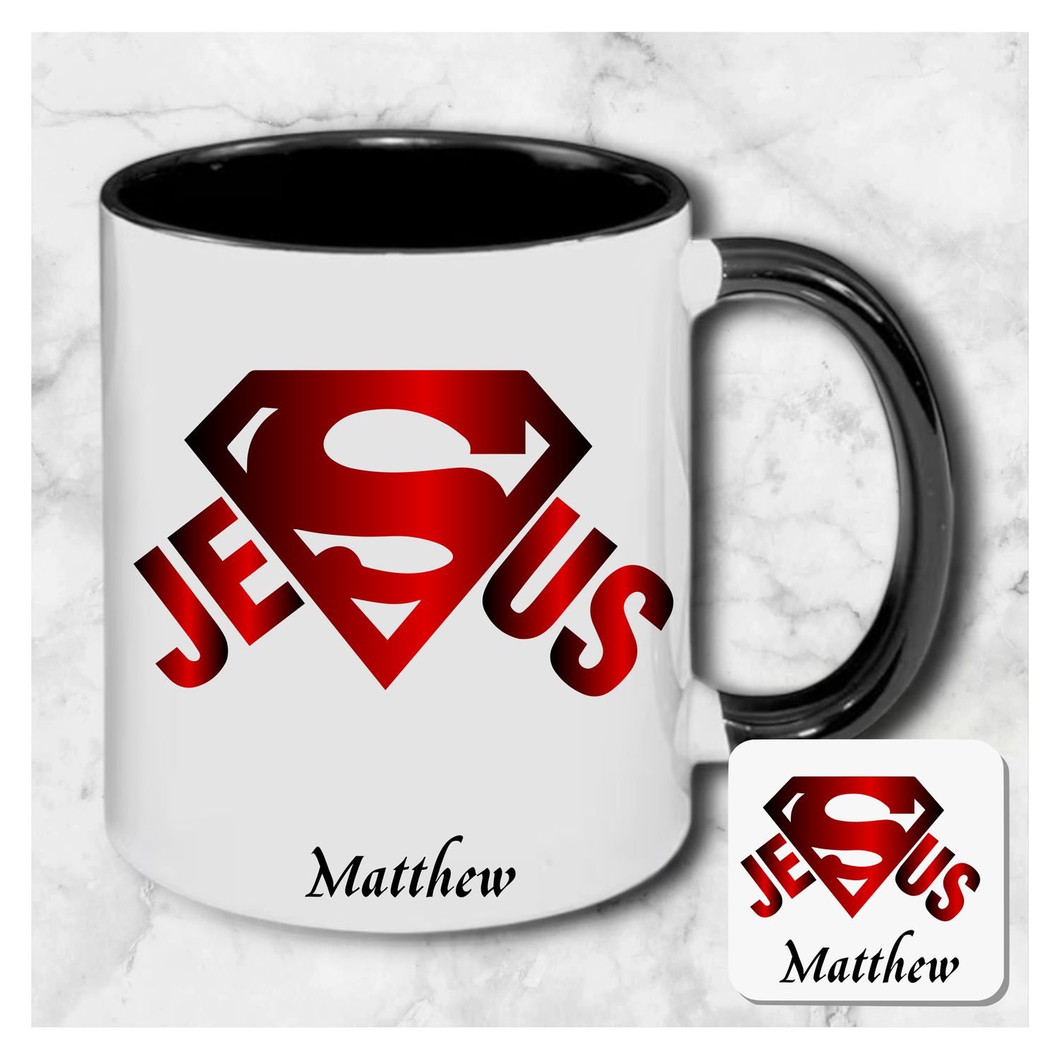 Personalized mug and coaster set featuring recipient’s name, Bible verse, and inspirational phrase in elegant design.