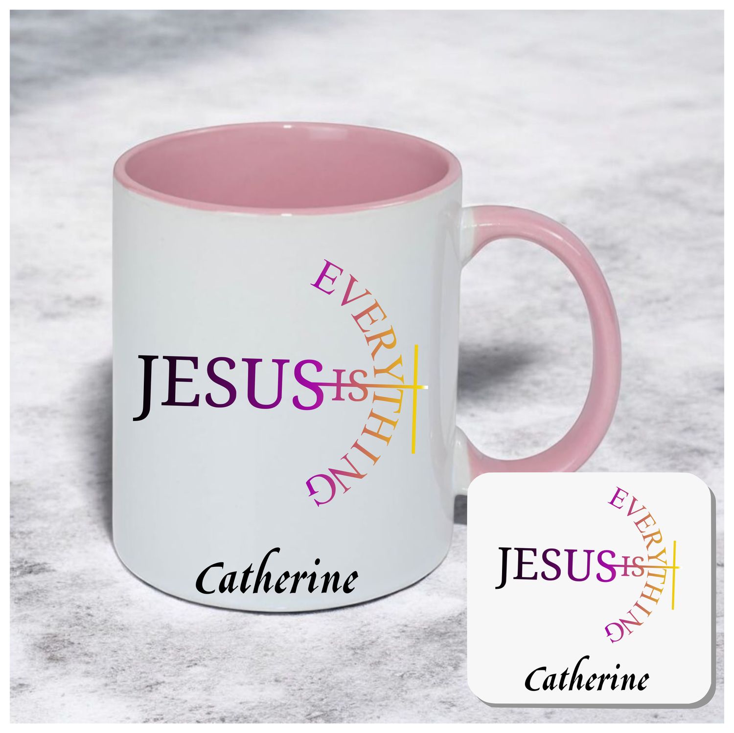 Personalized mug and coaster set featuring recipient’s name, Bible verse, and inspirational phrase in elegant design.