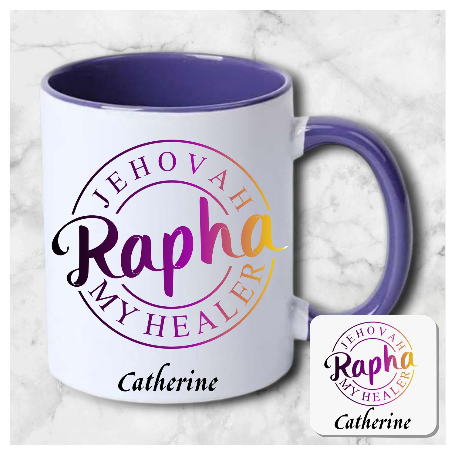 Personalized mug and coaster set featuring recipient’s name, Bible verse, and inspirational phrase in elegant design.