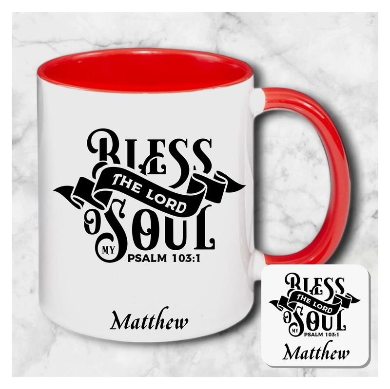 Personalized mug and coaster set featuring recipient’s name, Bible verse, and inspirational phrase in elegant design.