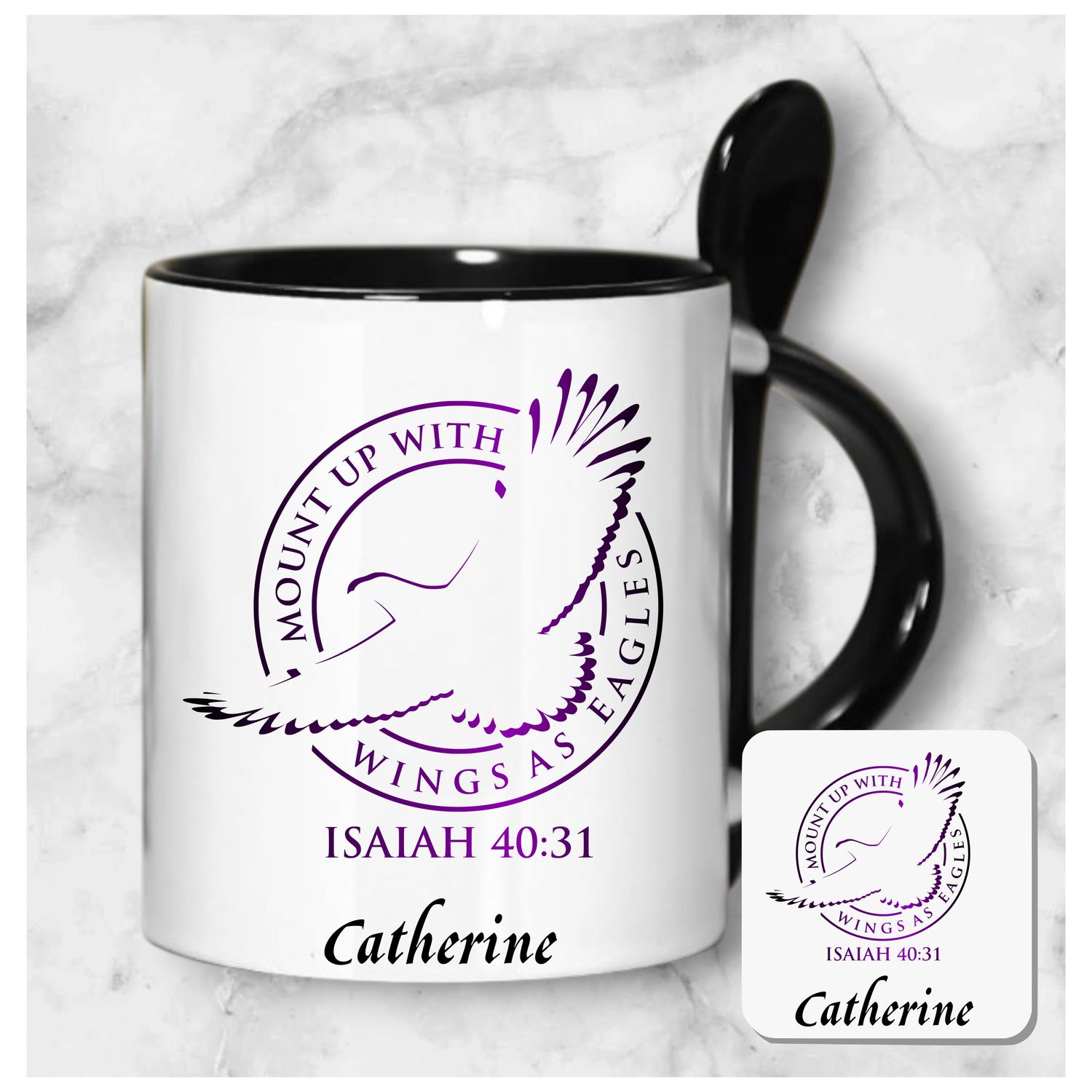 Personalized mug and coaster set featuring recipient’s name, Bible verse, and inspirational phrase in elegant design.