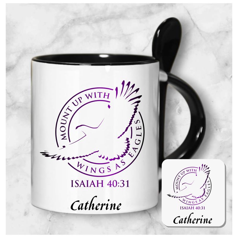 Personalized mug and coaster set featuring recipient’s name, Bible verse, and inspirational phrase in elegant design.