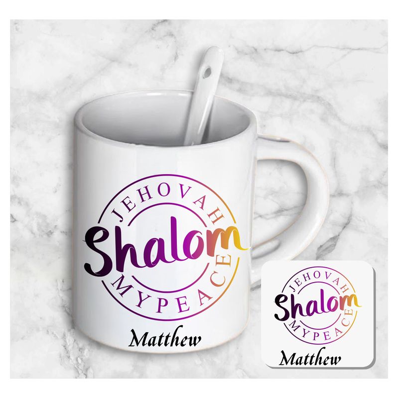 Personalized mug and coaster set featuring recipient’s name, Bible verse, and inspirational phrase in elegant design.
