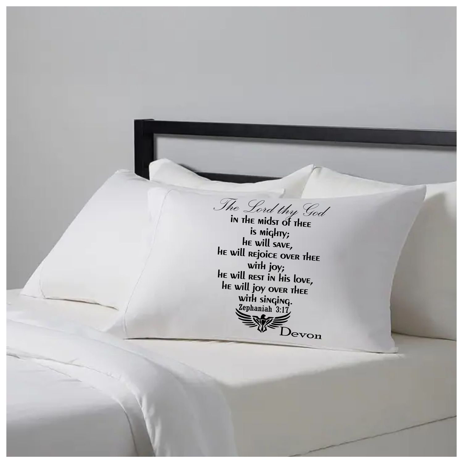 Christian comfort pillowcase with custom monogram and devotional quote