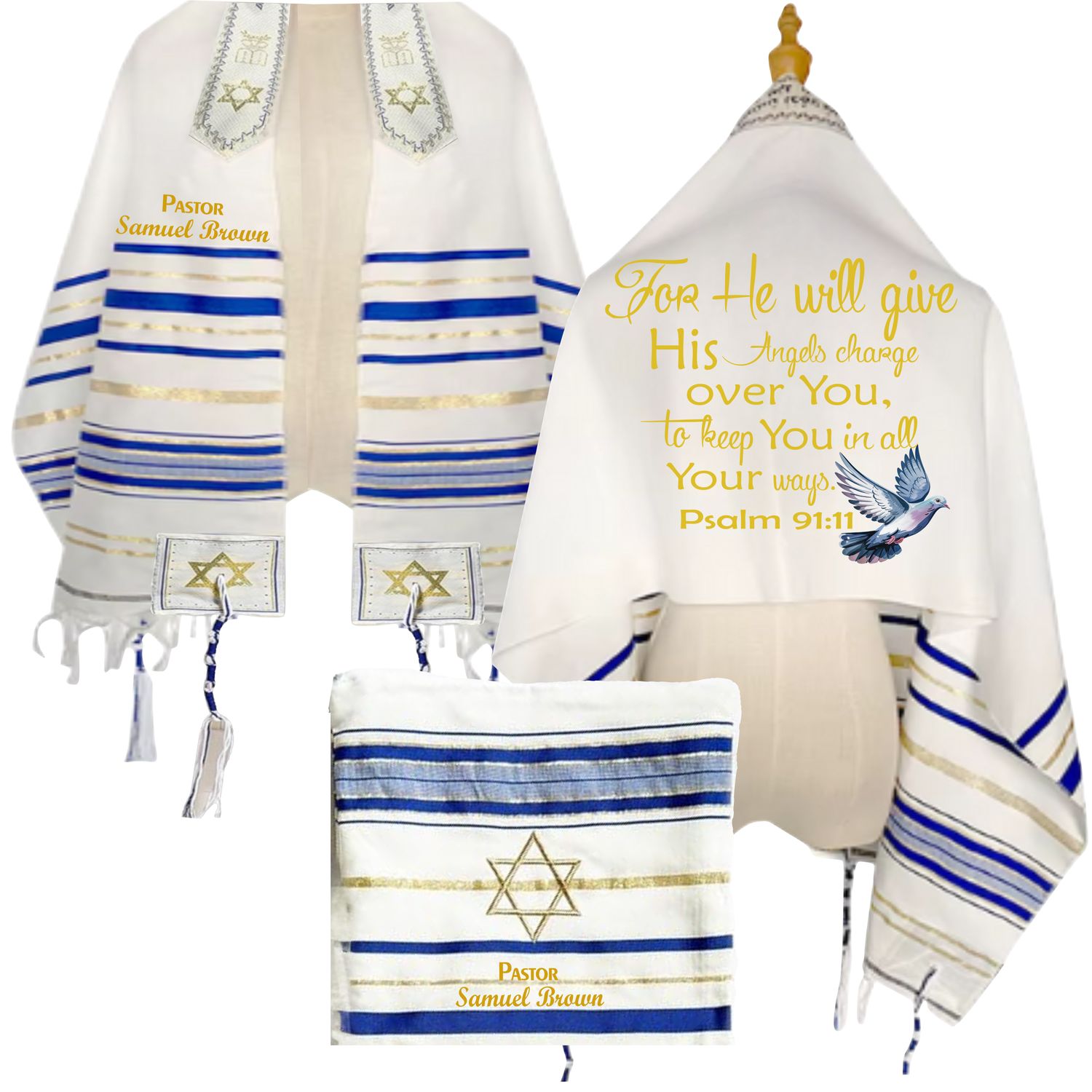 Personalized Christian prayer shawl with custom name, scripture verse, and matching pouch – crafted for worship and comfort