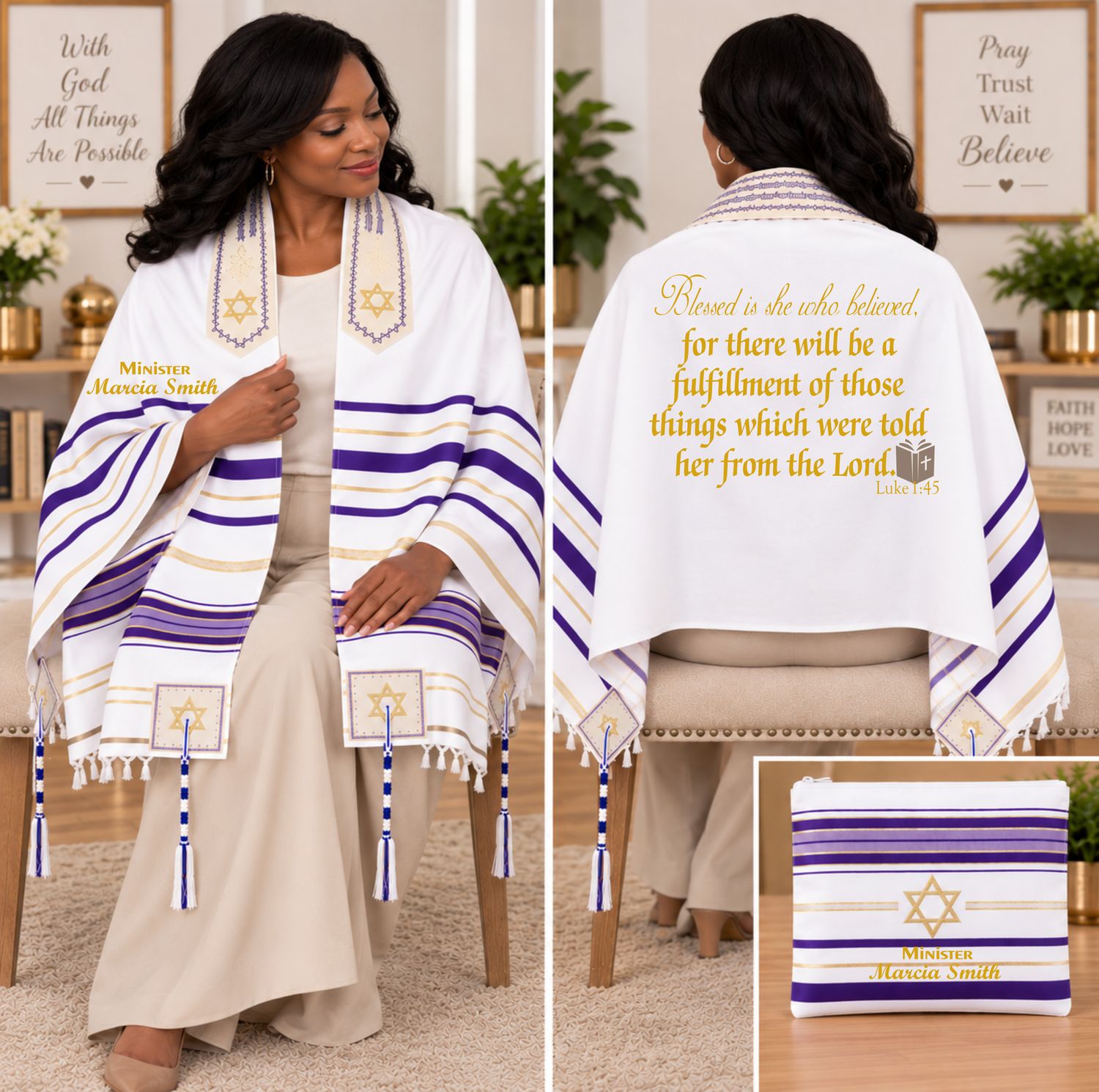 Personalized Prayer Shawl Tallit with custom name, scripture verse, and matching pouch – crafted for worship and comfort
