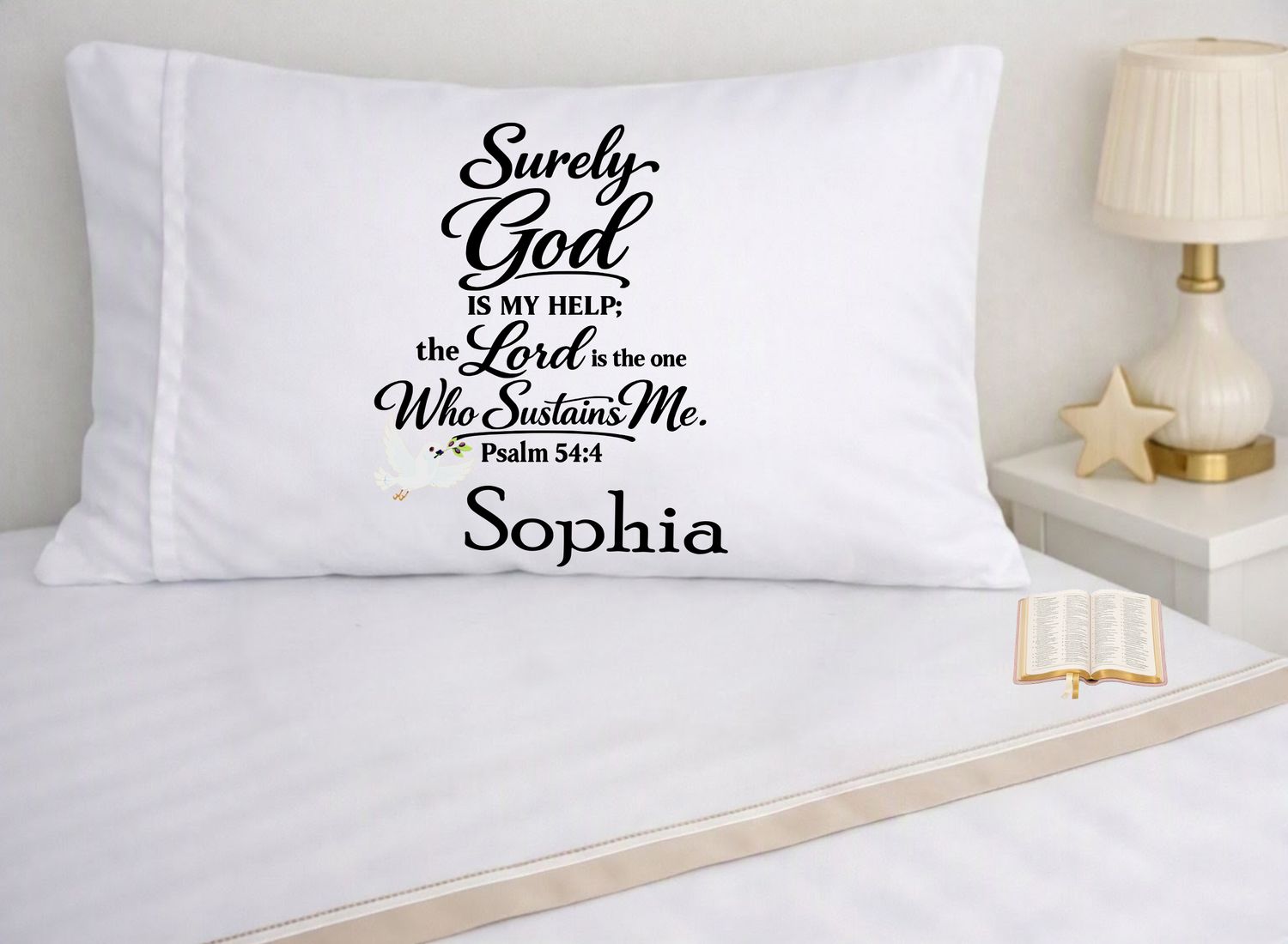 Christian comfort pillowcase with custom monogram and devotional quote