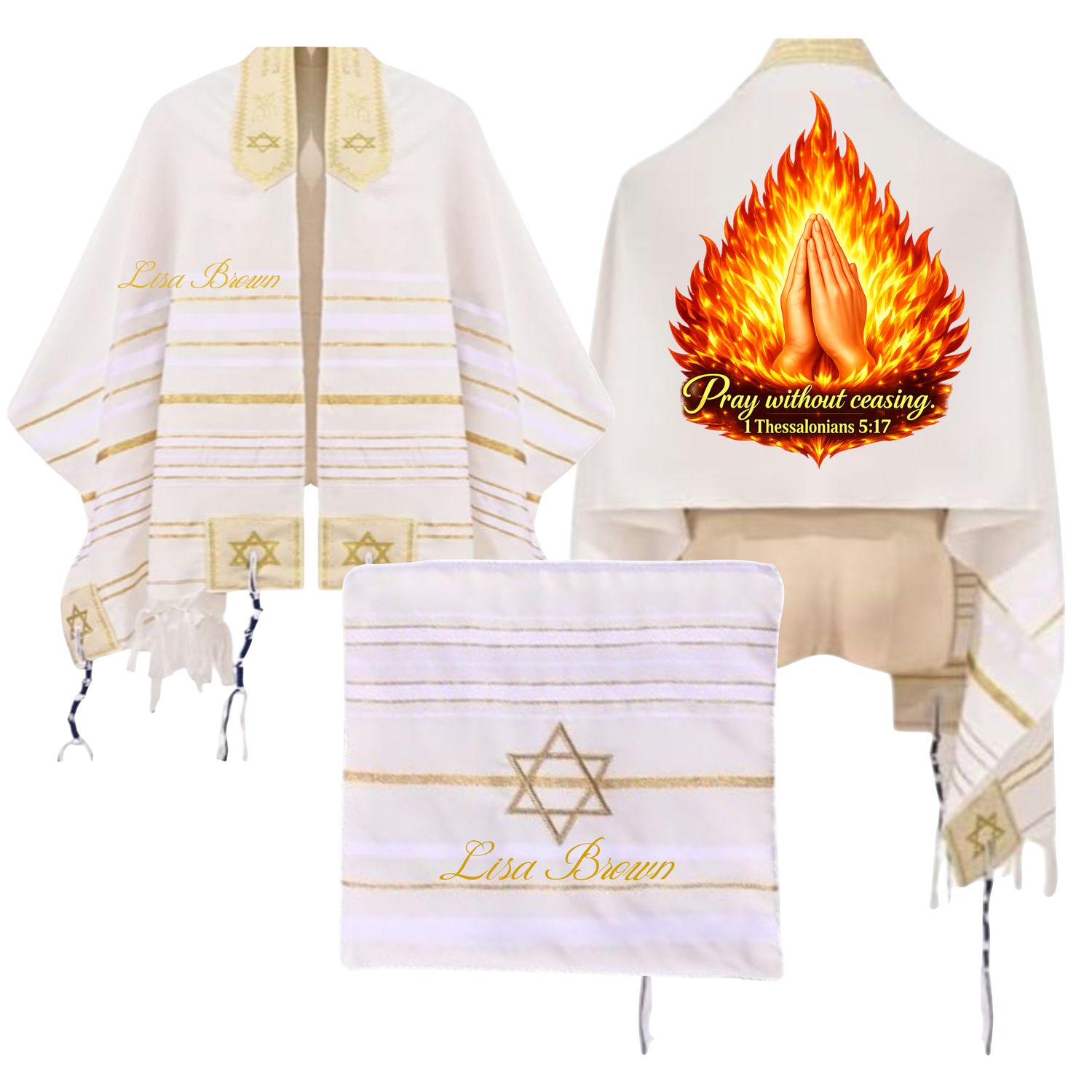 Personalized Christian prayer shawl with custom name, scripture verse, and matching pouch – crafted for worship and comfort