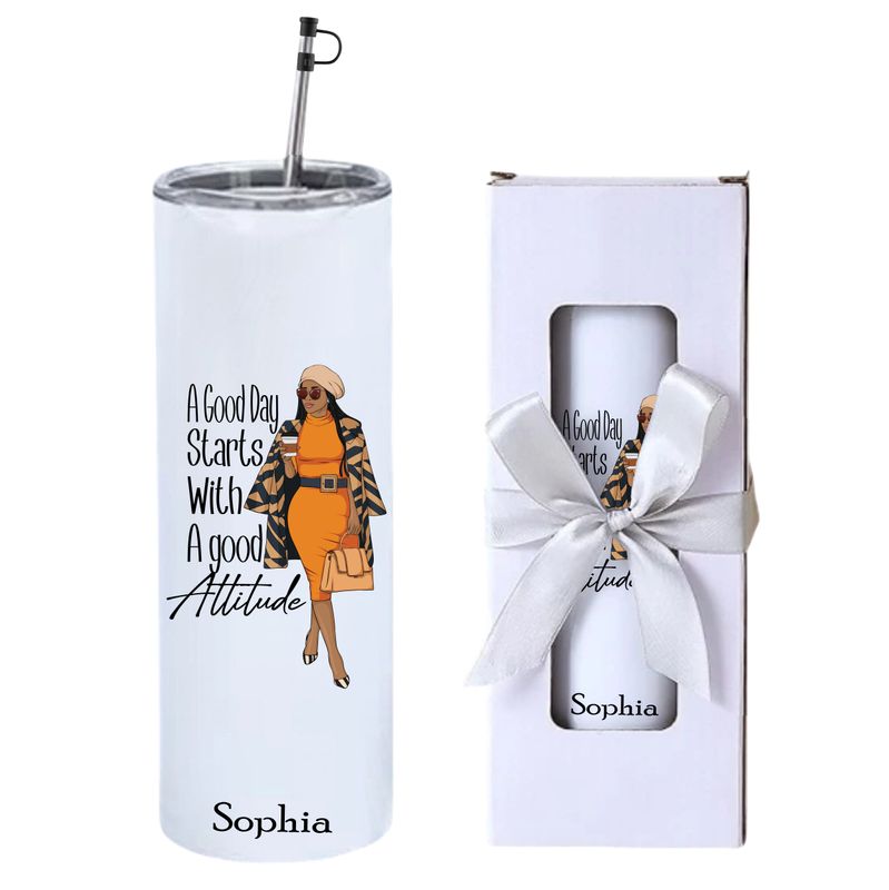 Personalized stainless steel skinny tumbler with uplifting quote, name or initials