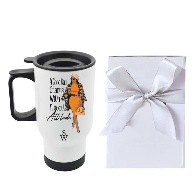 Personalized stainless steel travel mug with uplifting quote, name or initials