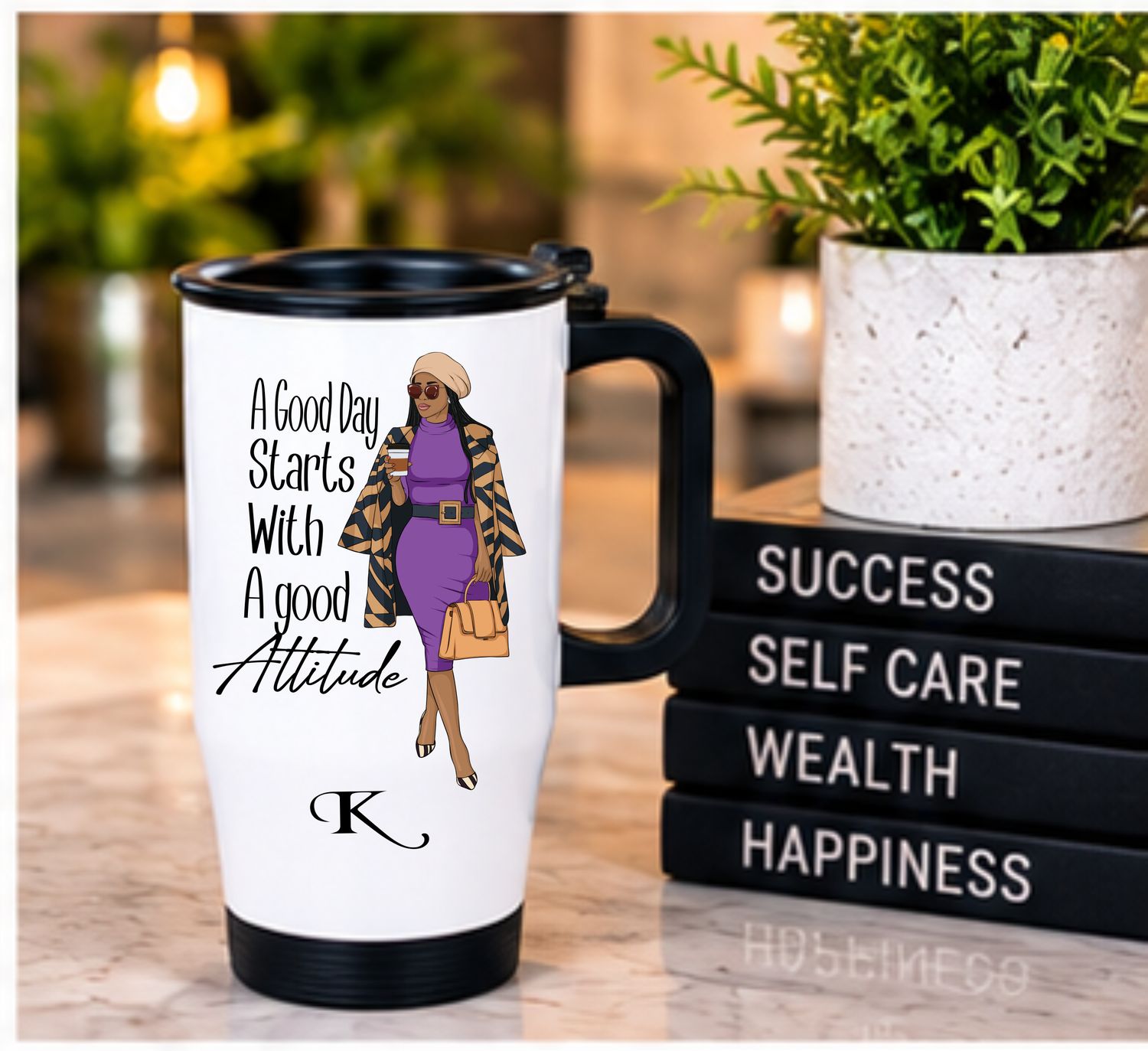 Personalized stainless steel travel mug with uplifting quote, name or initials